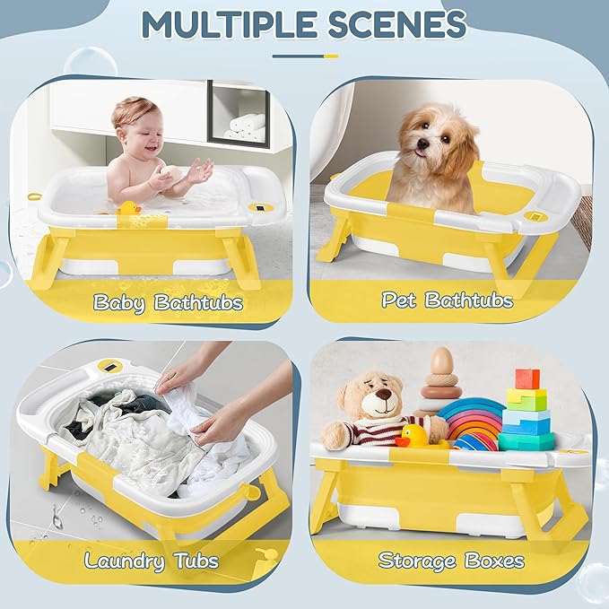 Collapsible Baby Bathtub,Baby Bath Tub with Thermometer & Soft Cushion,Baby Bathtub for Newborn to Toddler 0-36 Months,Portable Travel Baby Tub with No-Slip Feet,Baby Shower Gifts,Yellow