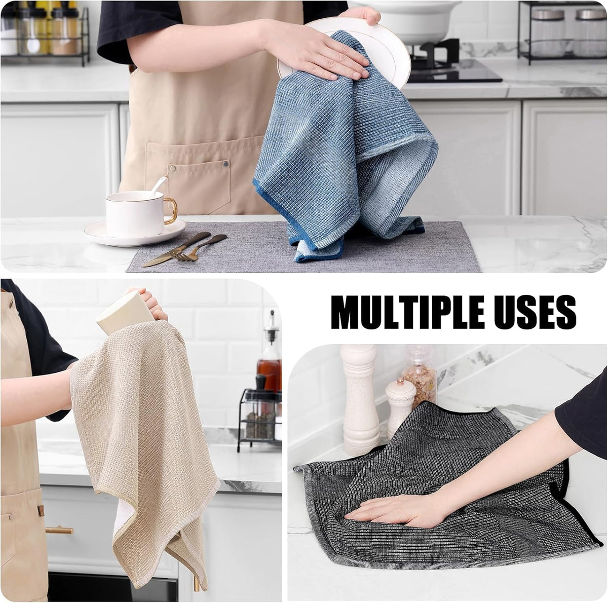 Homaxy Premium Kitchen Towels(18”x 28”, 6 Pack), Large Cotton Kitchen Hand Towels, Flat and Terry Dish Towels, 380 GSM Highly Absorbent Tea Towel Set with Hanging Loop, Navy Blue/Khaki/Black