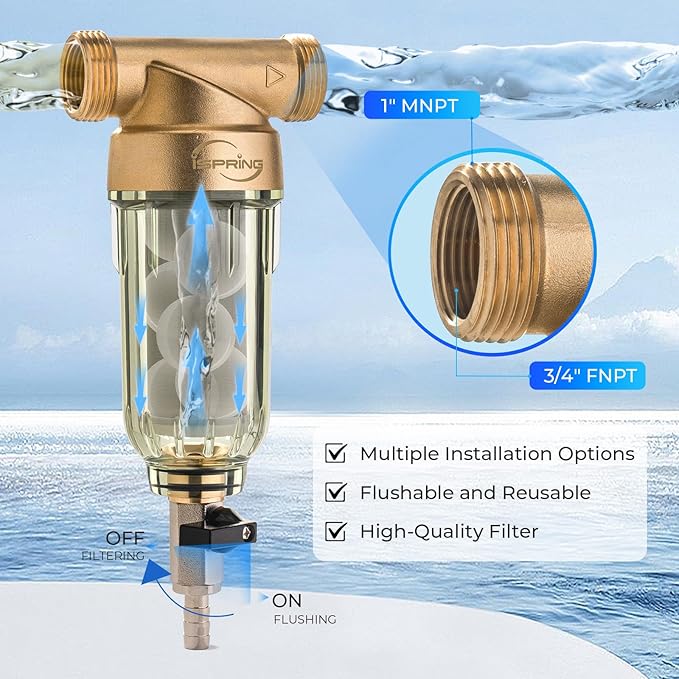 iSpring WSP-200SL Reusable Whole House Spin Down Sediment Water Filter, Siliphos Helps Prevent Scale and Corrosion, 1" MNPT + 3/4" FNPT, 200 Micron