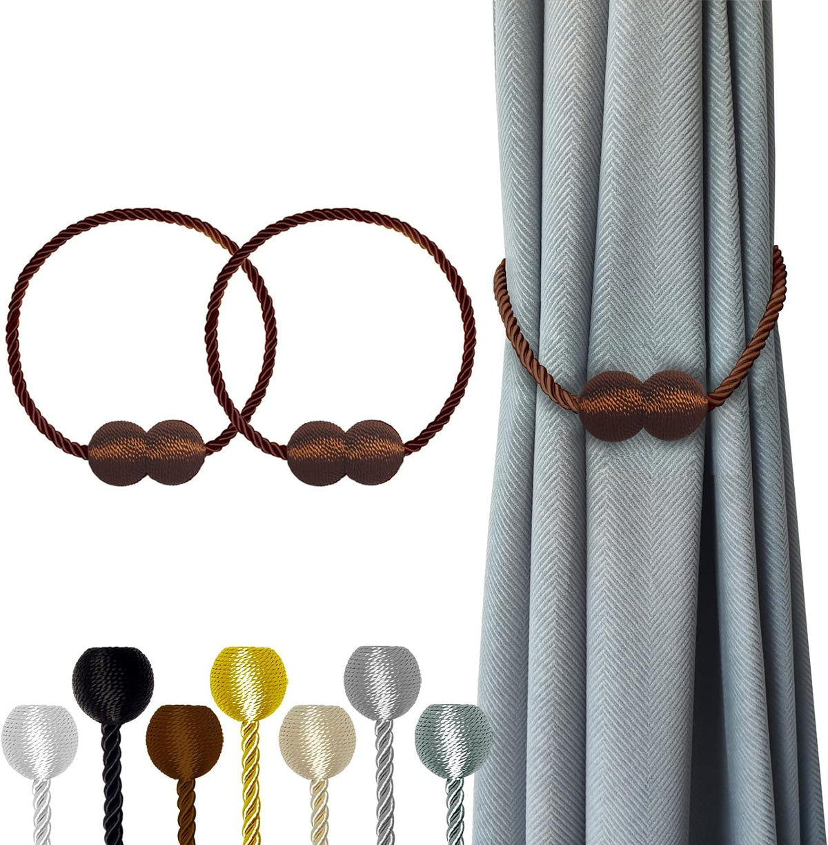 Hion Magnetic Curtain Tiebacks Dark Brown 2pcs, Curtain Tiebacks Buckles Holdbacks Holders Hooks Clip for Home Bedroom Office Decorative Curtain