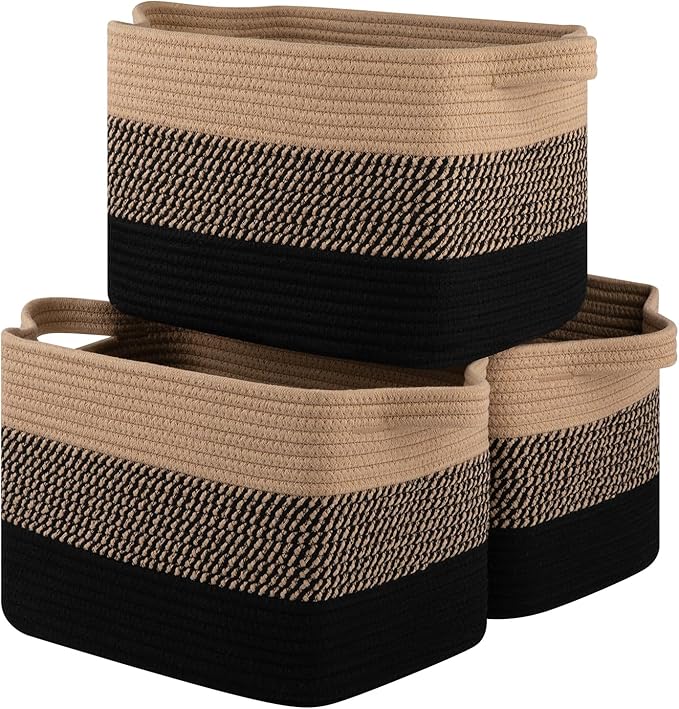 Storage Basket for Organizing, Woven Baskets for Storage, Rectangle Decorative Baskets for Shleves, Closet, Toys, Books, Nursery Organizer Bins - Pack of 3 (Black & Brown)