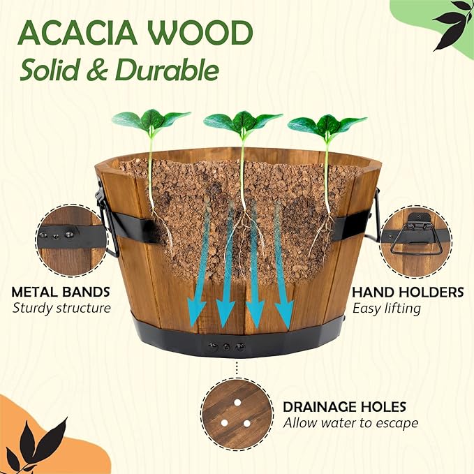 Idzo Set of 3 Wooden Flower Boxes Outdoor, Durable Acacia Wood Barrel Planters for Outdoor Plants with Ergonomic Handles, Drainage Holes, Multiple Sizes Wood Bucket Planter Light Brown