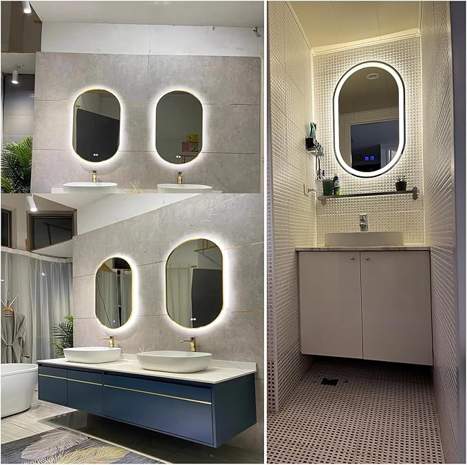 Bathroom Led Mirror ，Bathroom Mirror with LED Lights，LED Mirror for Bathroom，Backlit Bathroom Mirror ，with Touch Sensor/Demister pad，Shatterproof，Adjustable Lights(B,H90*W60cm/H35.4*W23.6IN)