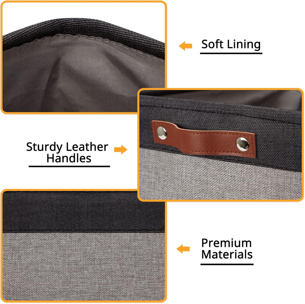 DULLEMELO Storage Bins 16"x12"x12" With Leather Handles for Organizing,Decorative Collapsible Storage Baskets for Shelves Closet Home Office (Black&Grey)