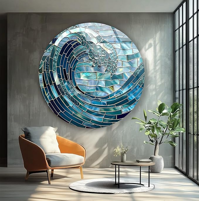 My Photostation.com 24''(60cm) Diameter Ocean Wave in Blue Mosaic Round Glass Wall Art Tempered Glass Printing Wall Decor Large Wall Art Wall Hangings