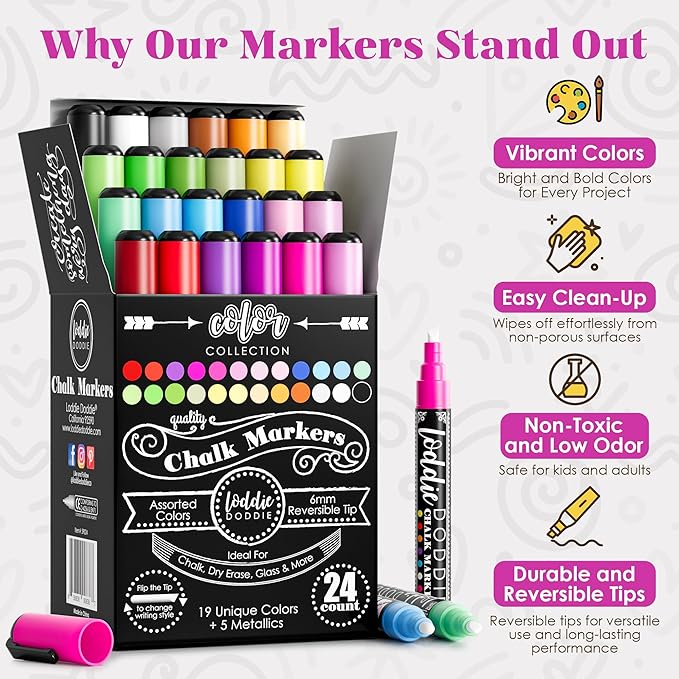 Loddie Doddie Chalk Markers - 24-Pack, 6mm Reversible Tips - Colored Chalk Pens for Art & Decor - Window Markers for Glass & Metal - Dry Erase Pens for Mirrors & More
