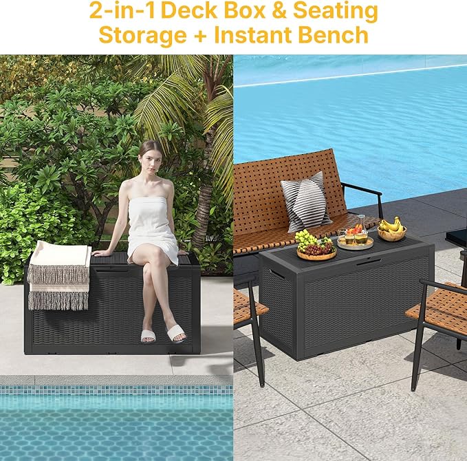 100 Gallon Deck Box Outdoor Waterproof, Rattan Outdoor Storage Box, Patio Storage Boxes for Cushions, Pillow, Garden Tools, Equipment