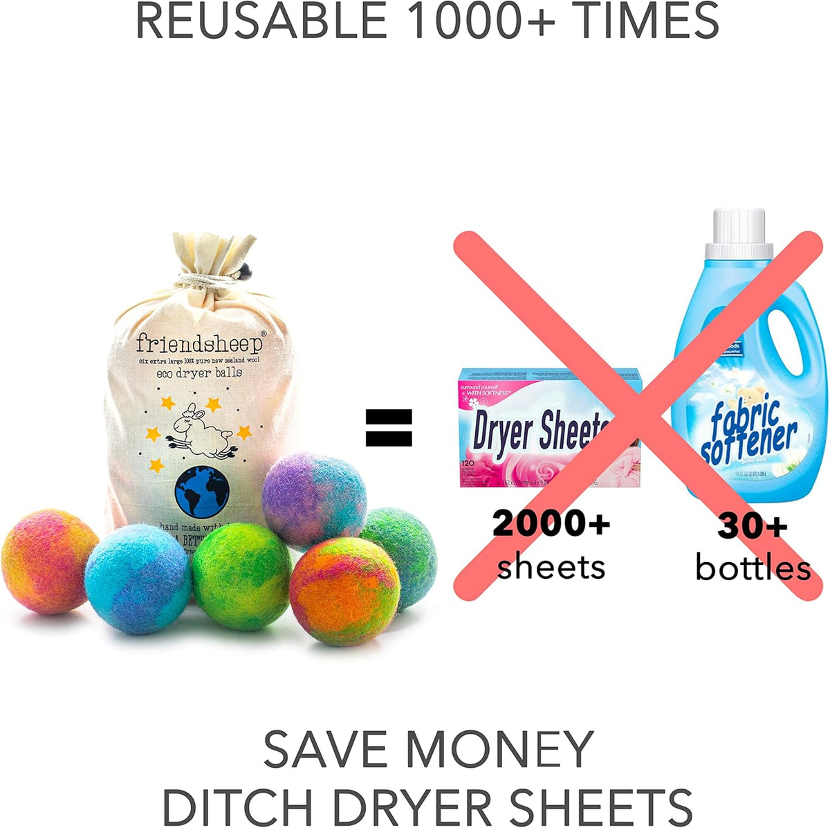 Friendsheep Wool Dryer Balls, Organic Reusable Fabric Softener Alternative for Laundry, Handmade, Fair Trade, Hypoallergenic, Eco-Friendly, Plastic-Free (6 Pack XL - Galxy Tie Dye)
