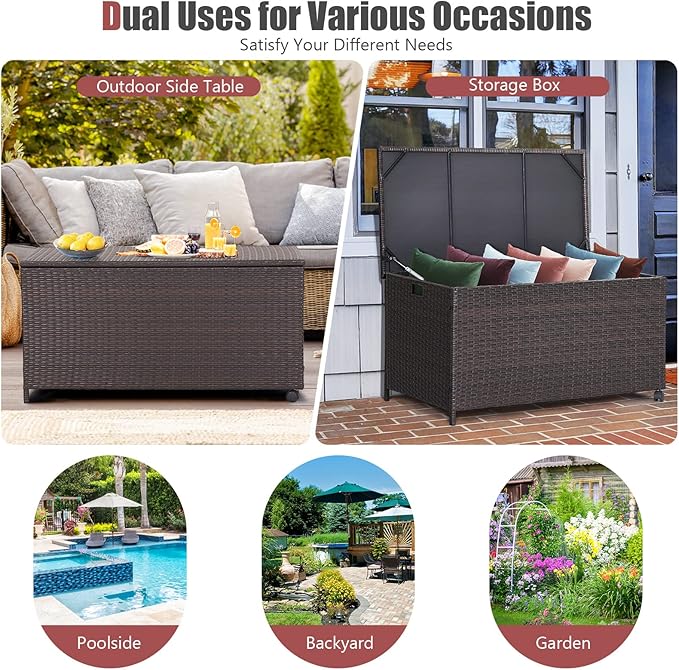Giantex Outdoor Wicker Storage Box - 50 Gallon PE Rattan Storage Container with Lid, Waterproof Liner, Universal Wheels, Deck Storage for Pillows, Cushions, Gardening Tools, Mix Brown