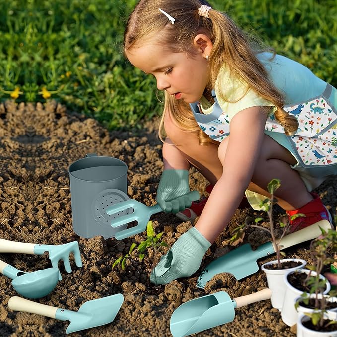Kids Gardening Set 14Pcs Gardening Tools for Kids with Tote Bag,Watering Can, Shovel, Apron, Garden Book and More Educational STEM Learning Outdoor for Toddlers Boys Girls (Dinosaur Blue)