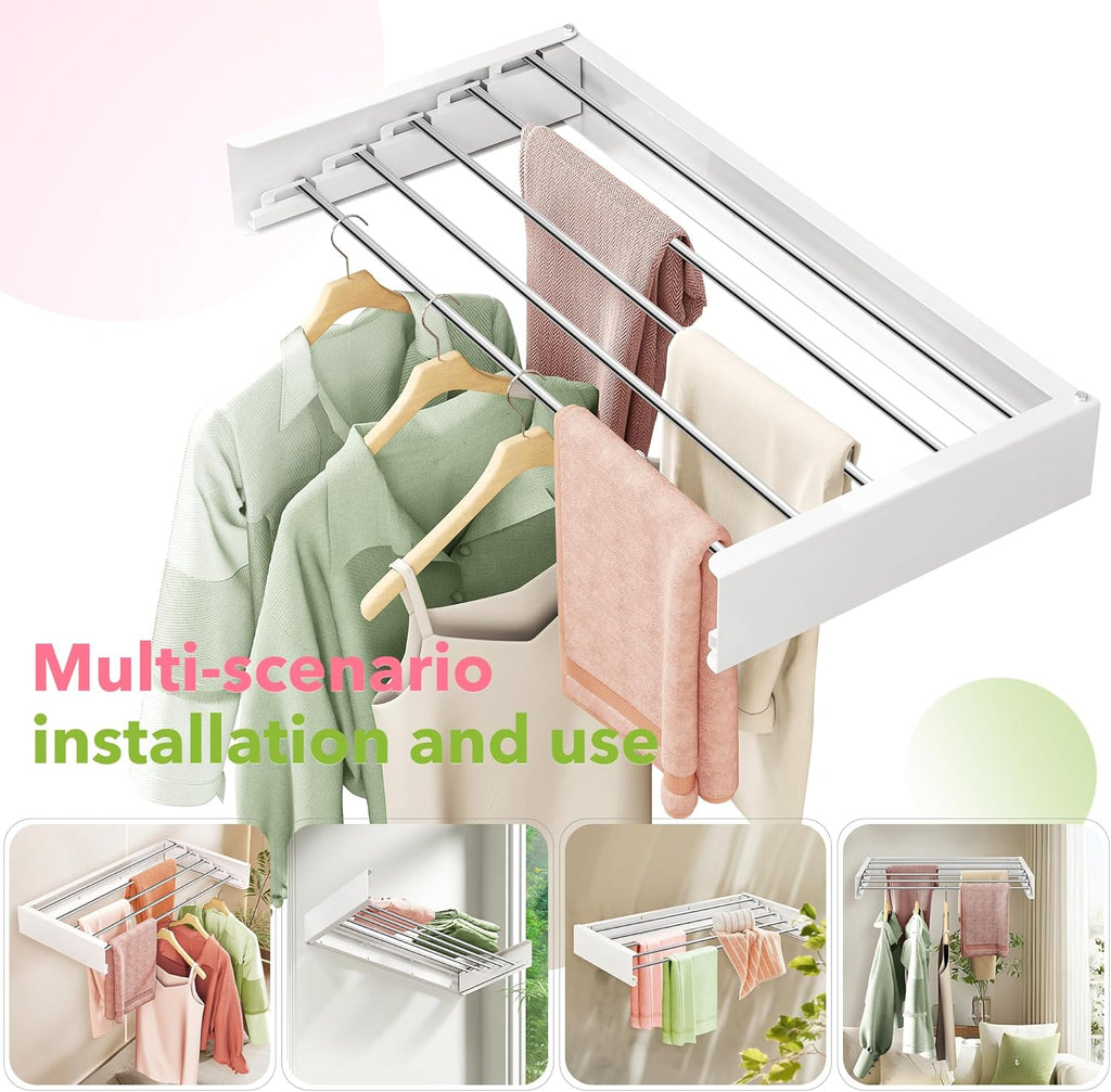 Wall Mounted Clothes Drying Rack 32 inches,Foldbale Laundry Drying Rack Wall Mount,Drying Rack Clothing Space Saver,Retractable,Collapsible,Folding Laundry Rack,White