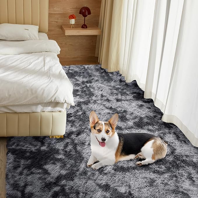 Ultra Soft Rug for Living Room, 8X10 Fluffy Shag Area Rug for Bedroom, Modern Shaggy Carpet Fuzzy Rug for Teens Dorm Nursery Home Decor Aesthetic, Upgrade Anti-Skid Durable, Tie Dye Black and Grey