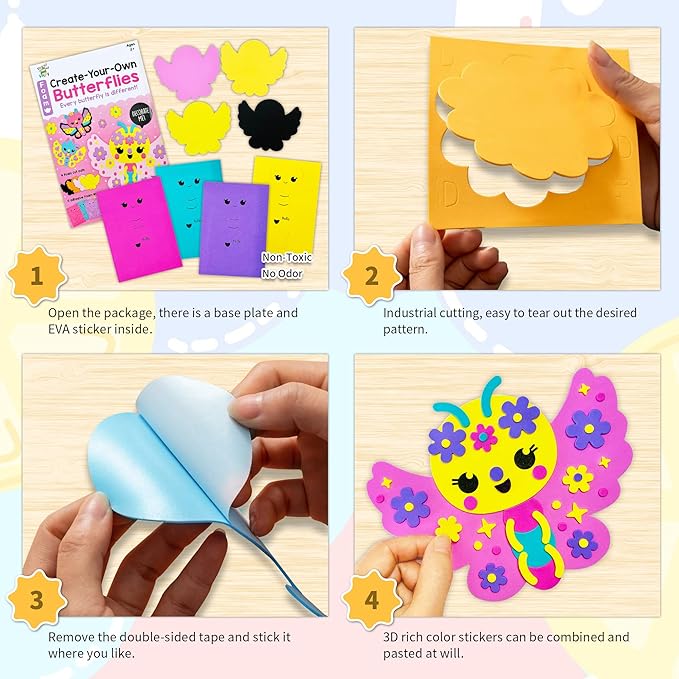 VKPI 4 Pieces EVA Foam Art Crafts Gift Kit, Creative Make Your Own Butterflies, Cartoon Paper Craft Projects for Kids Ages 4+ Toddler, Preschool Learning Toy for Birthday Party Favor Supplies