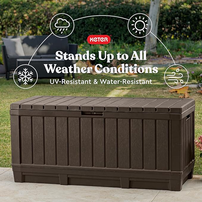 Keter Kentwood 92 Gallon Resin Deck Box-Organization and Storage for Patio Furniture Outdoor Cushions, Throw Pillows, Garden Tools and Pool Floats, Brown