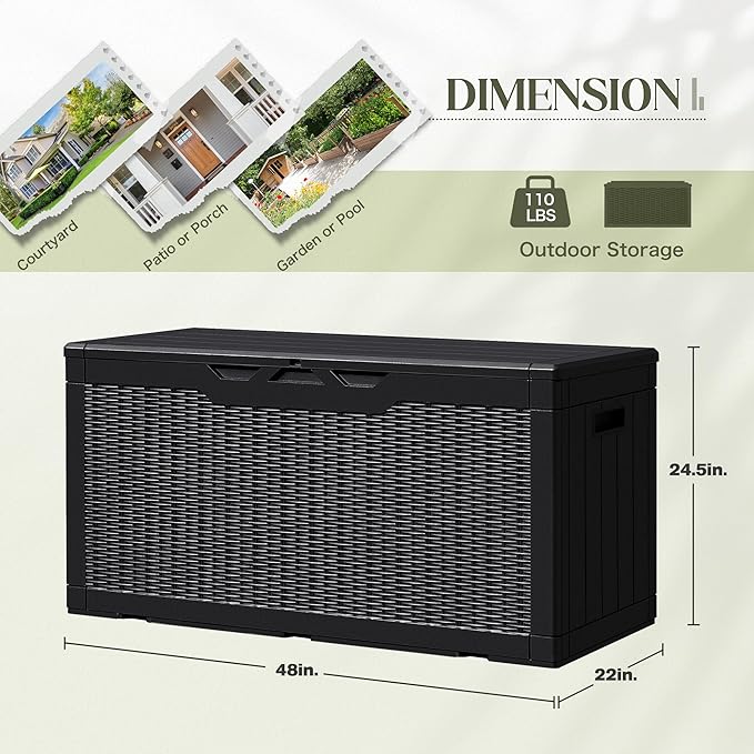 105 Gallon Deck Box Outdoor Indoor Waterproof Storage Box for Patio Furniture, Pool Accessories, Garden Tools, and Cushion Storage, Black