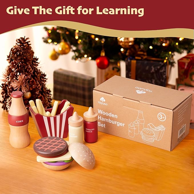Wooden Play Food for Kids Pretend Hamburger Set Fast Food Toy Play Kitchen Accessories for Toddlers Toy Food Gift for Boys Girls Educational Toys