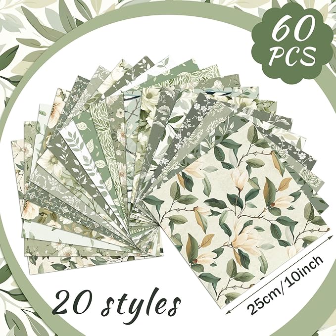 Ganeen 60 Pcs 10 x 10 Inch Sage Green Floral Quilting Fabric Squares Vintage Greenery Fat Patchwork Precut Strips Retro Eucalyptus Printed Fabric Bundles for Holiday DIY Craft Sewing Quilt Material