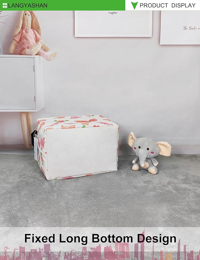 LANGYASHAN Rectangular Storage Bin Collapse Canvas Fabric Cartoon Storage Basket with Handles for Organizing Home Kitchen Boys and Girls Toys Office Closet Shelf Baskets (Rec Pink Butterfly)