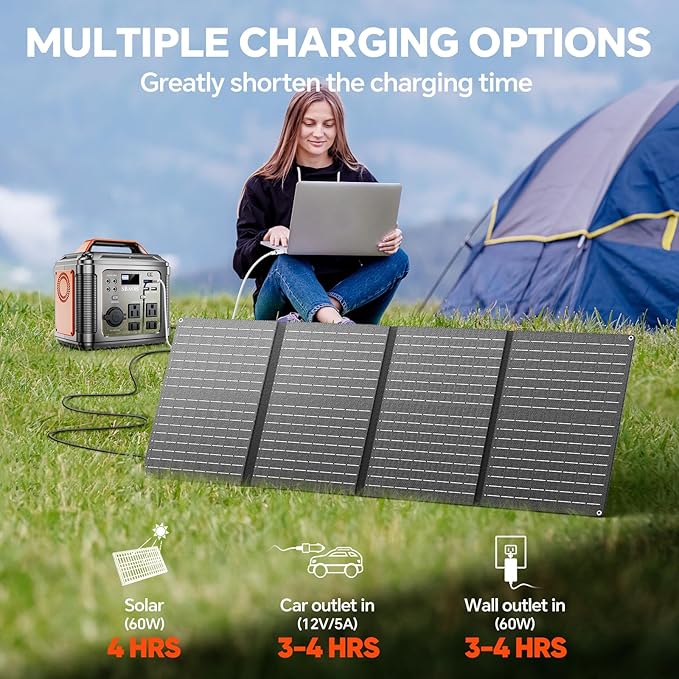 Portable Power Station, 300W 296Wh Generator Quick Charge / 110V AC Outlets/DC Ports and LED Flashlight, panel 60W for Home Outdoor Travel Camping Blackout