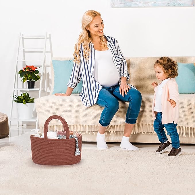 Baby Diaper Caddy Organizer for Girl Boy Cotton Rope Nursery Storage Bin Basket Portable Holder Tote Bag for Changing Table Car Travel Baby Shower Gifts Newborn Essentials Registry Must Have Rust