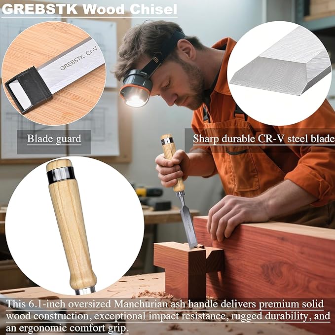 GREBSTK 4 Pcs Wood Chisel Set, CRV Steel Bevel Sharp Edge Bench Chisels with Safety Caps, Comfortable Oversized Solid Wood Handle, for Woodworking and DIY Projects, 11"x(1/4", 1/2", 3/4", 1")