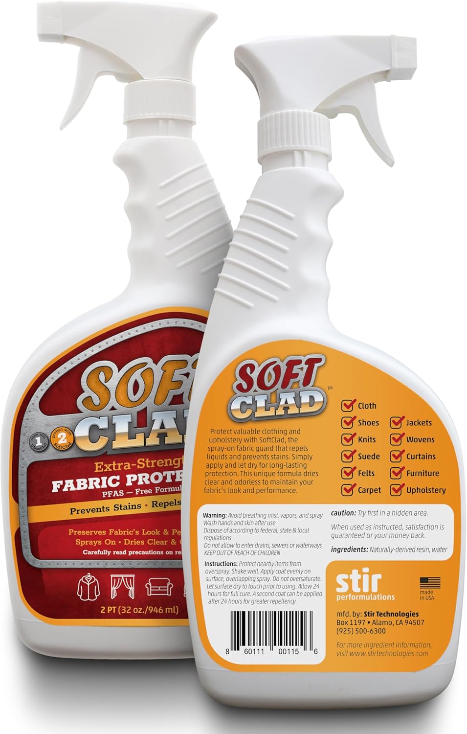 Extra Strength Fabric Protector Spray Prevents Stains and Repels Liquids. SoftClad Guards Furniture, Shoes, Carpet, Upholstery, Suede, Leather, Couch. Safe for Indoor Use. PFAS Free Formula 32oz