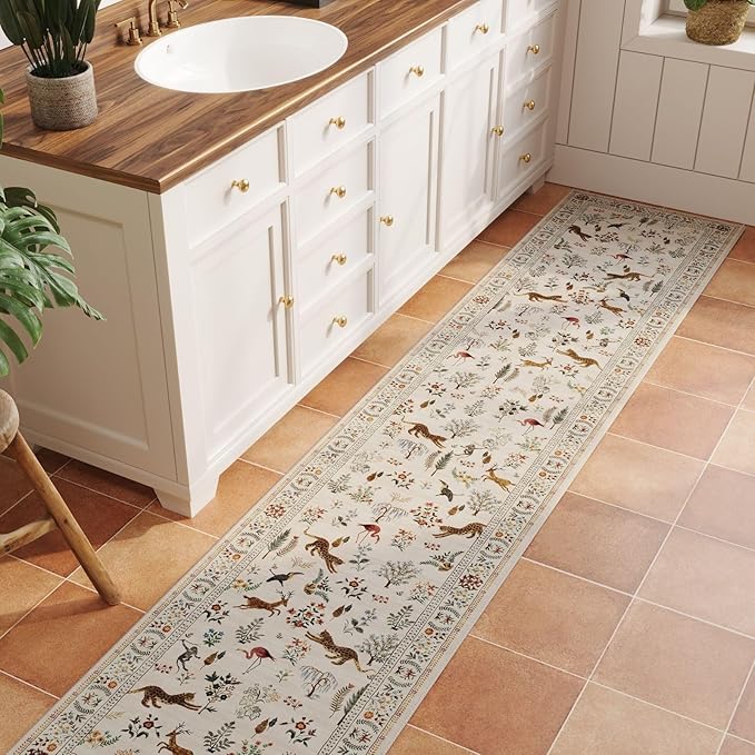 Rugcomf Runners for Kitchen Runner Rug Non Slip 2'x10' Long Washable Rugs with Rubber Backing Soft Floral Animal Carpet Runner for Kitchen, Laundry, Bedroom, Bathroom (Beige)
