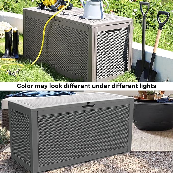 Modern-Depo 100 Gallon Deck Box Waterproof Outdoor Storage Bench Polypropylene PP Garden Tools Pool Towel Storage Bin Porch Delivery Box, Gray