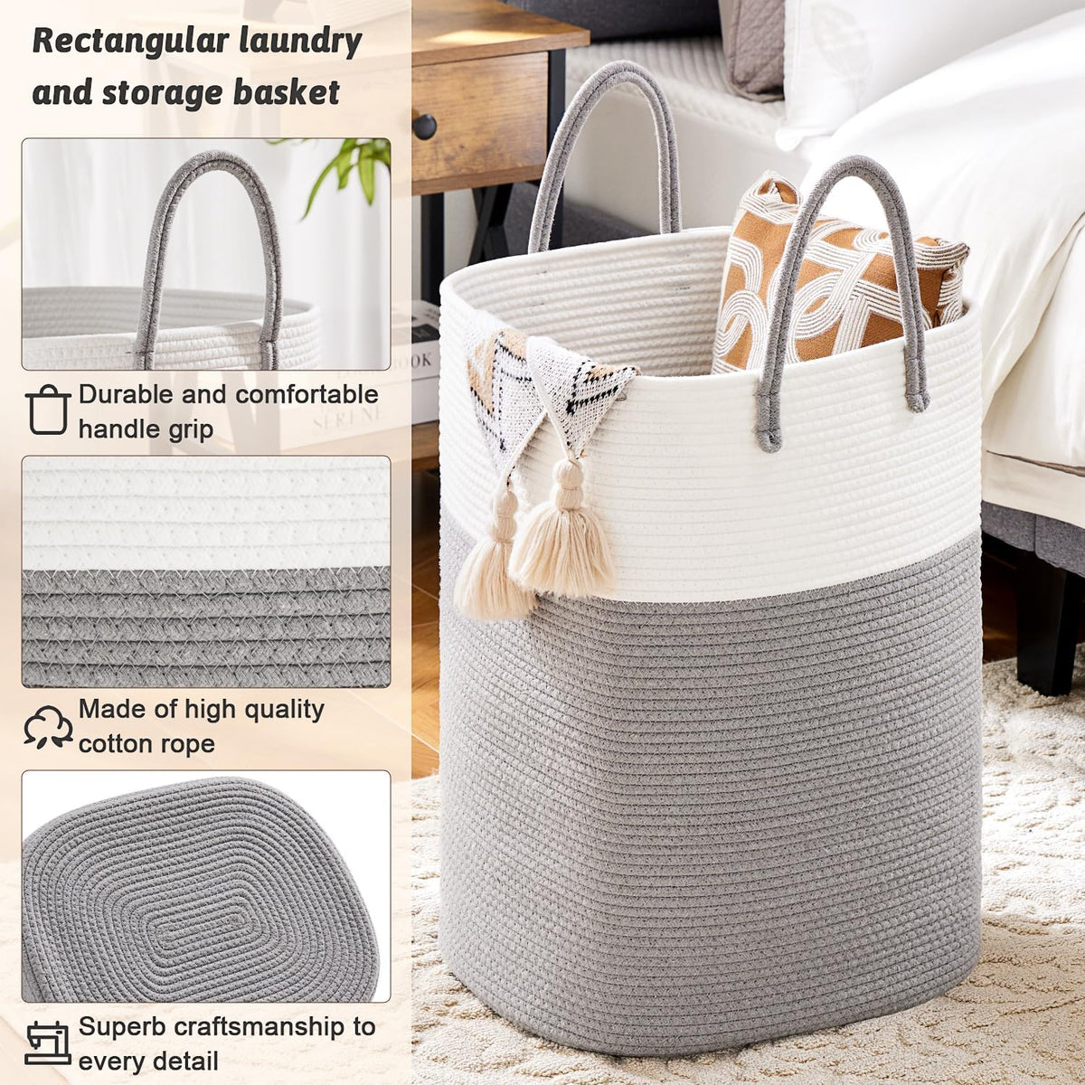 Laundry Basket,Woven Cotton Rope Laundry Hamper,Versatile Storage for Dirty Clothes,Baby Toys,and Blankets in Bathroom, Nursery,and Living Room (Grey, 100L)