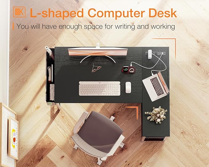 ODK 40 Inch Small L Shaped Gaming Computer Desk with Power Outlets, Reversible Storage Shelves & PC Stand for Home Office, Simple Writing Study Table with Storage Bag for Small Space, Black