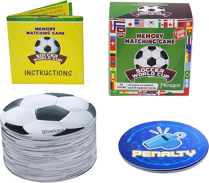 Menique Soccer World Cup Memory Matching Game – 79 Cards (32 Country Pairs + 15 Action Cards) – 2 Games in 1: Flags + Penalty Challenge – Bilingual Educational Game for Kids and Adults