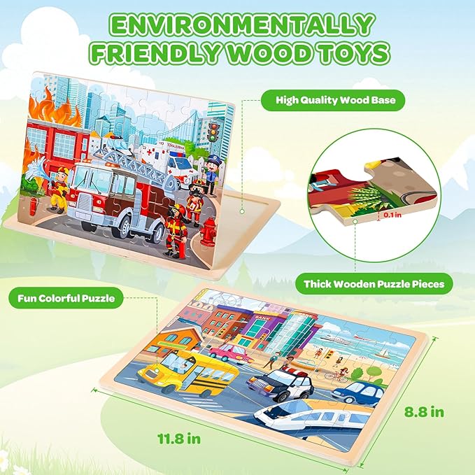 Puzzles for Kids Ages 4-6, 6 Packs 60 Pcs Wooden Jigsaw Puzzles for Kids Ages 6-8, Preschool Educational Vehicle Toys Gifts for 3 4 5 6 7 8 Boys Girls