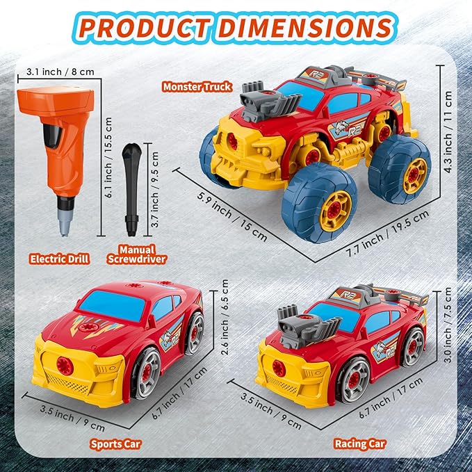 3-in-1 Take Apart Car for Boys with Electric Drill, 46Pcs Construction Toy Truck, Build Your Own Toy Car with Play Tools, Ideal STEM Gift for Kids Children Ages 3 4 5 6 7 8 9 Year Old Red