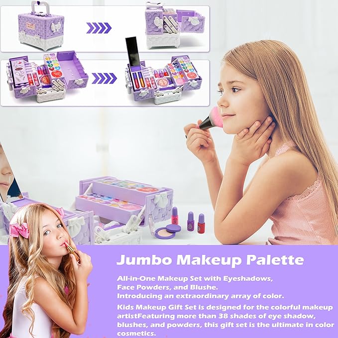 Kids Makeup Sets for Girls - 52 PCS Safe and Washable Makeup for Kids, Real Toddler Makeup Kit with Cosmetic Case, Girls Toys Age 4-12, Princess Toys Birthday Gift(Light Purple)
