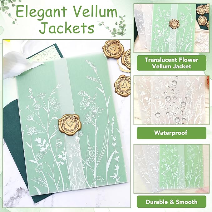 SWANGSA 100 Sets Wedding Invitations Wraps, Vellum Jackets for 5x7 Invitations & Self Adhesive Antique Gold Heart Wax Seal Stickers for Wedding Bridal Baby Shower Birthday Envelopes (White Wildflower)