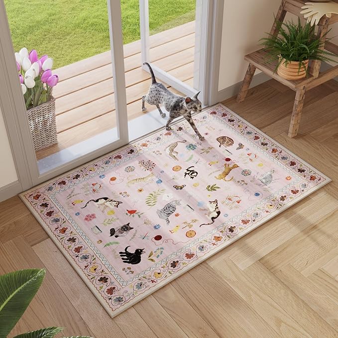 Rugcomf Door Mat Indoor Entrance 2x3 Rug Machine Washable Boho Floral Animal Cat Small Area Rug Non-Slip Low Pile Throw Rugs for Entryway Kitchen Front Door Indoor Entrance Entry Kids Room, Pink