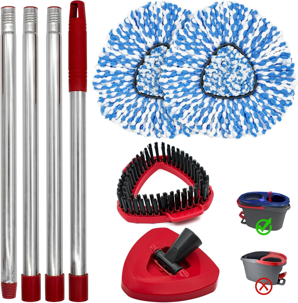 Spin Mop Handle,Mop Heads Replacements,Scrubber Mop Head and Mop Base Combo Set Compatible with Ocedar RinseClean 2-Tank Spin Mop,Mop Replace Head and Scrub Brush Set for Multi-Surface Hard Floor