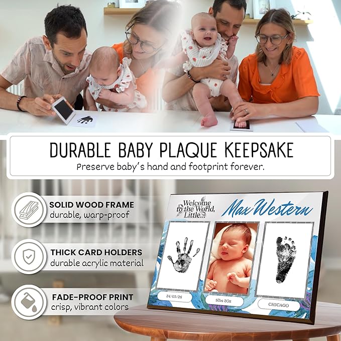 Baby Hand and Footprint Kit with Photo & Birth Details, Inkless Hand and Footprint Kit, Newborn Keepsake Plaque, Baby Shower Gifts (STYLE 1 (Fully Personalized) (Welcome To The World - Baby Boy))