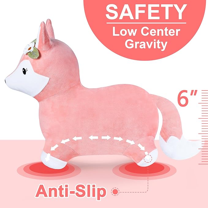 iPlay, iLearn Bouncy Pals Hopping Fox Horse, Toddler Girl Inflatable Bouncing Animal Hopper Toy, Outdoor Indoor Plush Ride on Bouncer, Baby Birthday Gift 18 Month 2 3 4 Year Old Kid - Fox