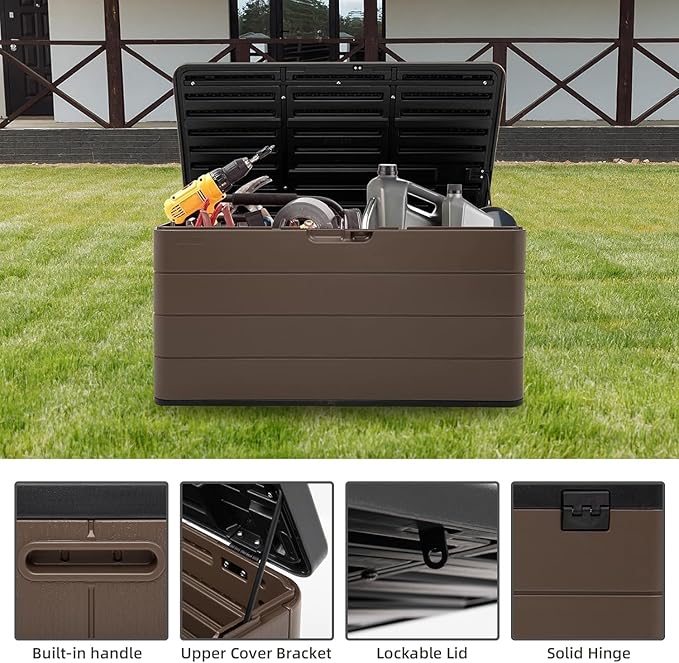 Heavy-Duty 100 Gallon Outdoor Storage Bench - Waterproof Patio Deck Box for Outside Use, Lockable Resin Storage with UV Protection, Granite Grey