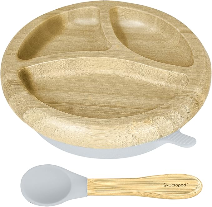 Abiie Octopod Bamboo Dish - Kids Plates for 4 months and up, 3-Compartment Baby Plates with Suction, Round Bamboo Baby Plate, Mess-Free Toddler Suction Plates, Baby Feeding Supplies, 7.5 x 7.5 x 1.9in