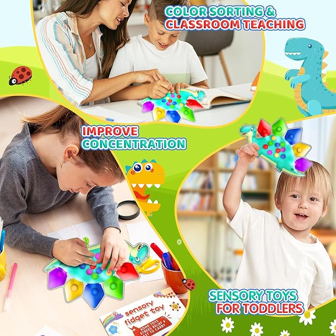 2PC Dinosaur Color Sorting Sensory Toys, Montessori Toys for Toddler Fine Motor Skill Game Learning Activities Quiet Calm Down Fidgets for Classroom Stocking Stuffers for 3 4 5 Year Old Boy Travel Toy