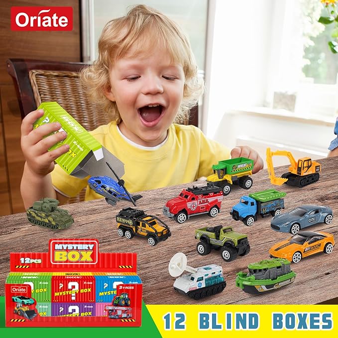 Oriate Diecast Toy Cars Set for 3 4 5 6 7 8 Year Old Boys, 12 Pack Mini Metal Cars 1/64, 12 Theme in one Set Blind Box Edition- Include Farm, Space Ship, Truck for Children Birthday Party Decor Gifts