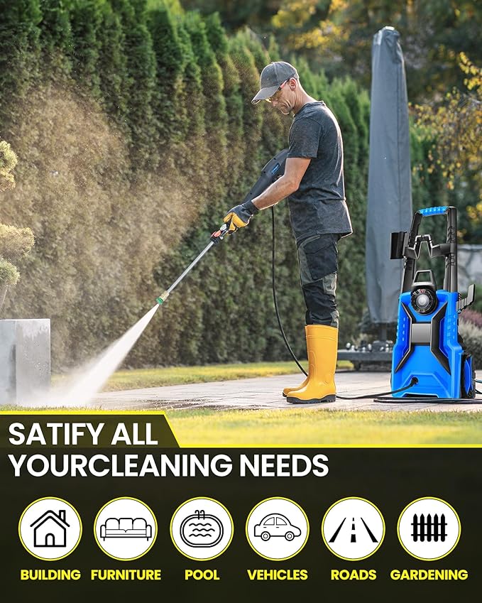 Pressure Cleaner High Power Cleaner with 33ft Pressure Hose, 4 Nozzles and 500ml Foam Cannon for Cars/Fences/Driveways/Patios/Home Cleaning (Light Blue)