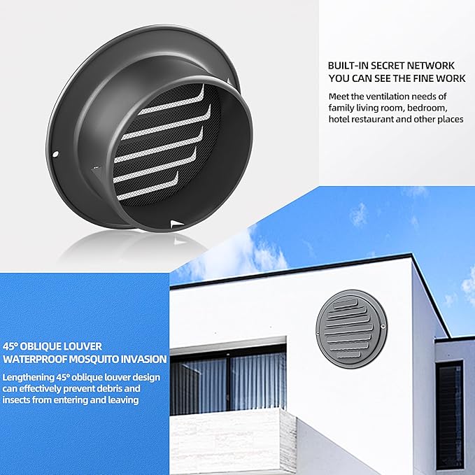 3inch 304 Stainless Steel Air Vents, Louvered Grille Cover Vent Hood Flat Ducting Ventilation Air Vent Wall Air Outlet with Fly Screen Mesh for House (3 inch Black Paint Cover （70mm）)