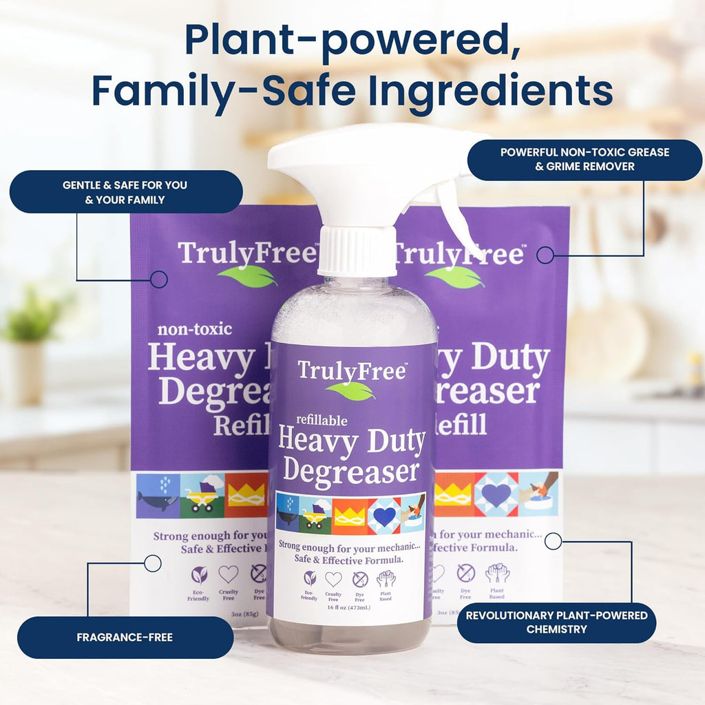 Truly Free Heavy Duty Degreaser- Grease Remover & Grime Cleaner for Kitchen, Automotive & More, Household Cleaning Supplies, Fragrance-Free, Includes 16 oz Reusable Empty Bottle & 2 Refills (4 oz)