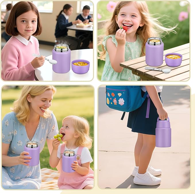 Soup Thermo for Hot Food Kids 16oz Insulated Food Jar Leakproof Thermo Lunch Container for Kids Wide-Mouth Stainless Steel Lunch Box for School with Handle Folding Spoon(3+)