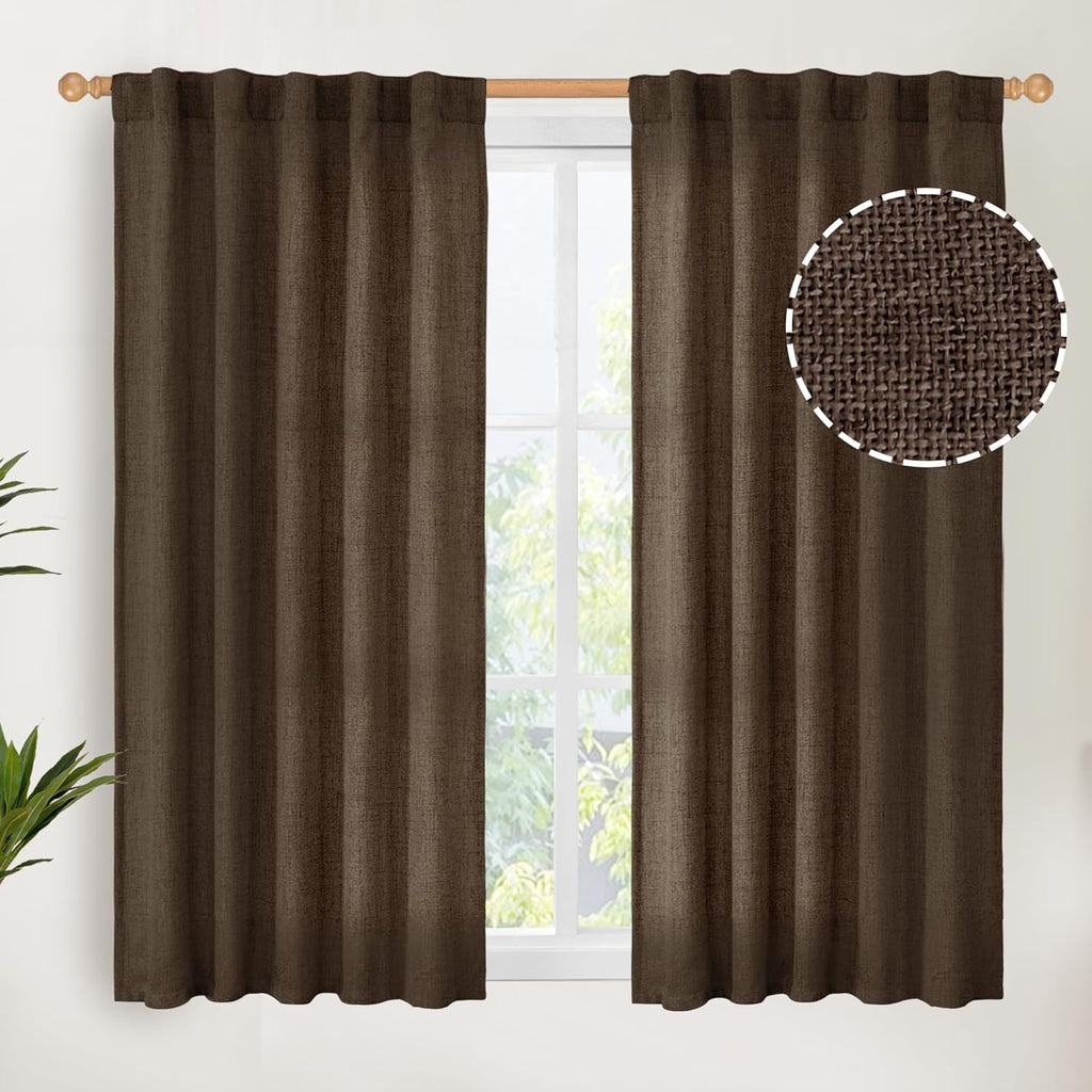 YoungsTex Brown Linen Curtains 45 Inches Long for Short Window, Back Tab Rod Pocket Chocolate Drapes Light Filtering for Kitchen Bathroom Cafe Decorative, 2 Panels, 42 X 45 Inch