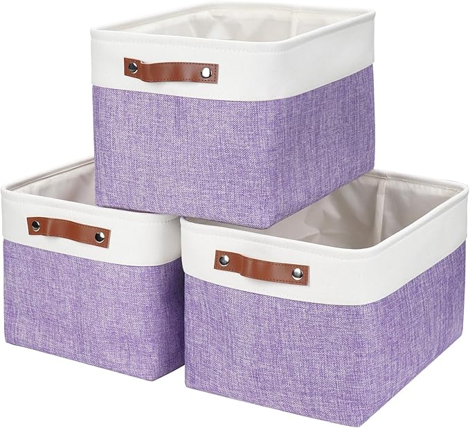 Storage Bins Large Fabric Storage Baskets for Shelves 3 Pack, Decorative Linen Closet Baskets with Handles for Organizing, Shelf, Clothes, Home, Office, 15x11x9.5Inches (Purple&White)