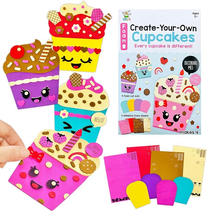 VKPI 4 Pieces EVA Foam Art Crafts Gift Kit, Creative Make Your Own Cupcakes, Cartoon Foam Paper Craft Projects for Kids Ages 4+ Toddler, Preschool Learning Toy for Birthday Party Favor Supplies